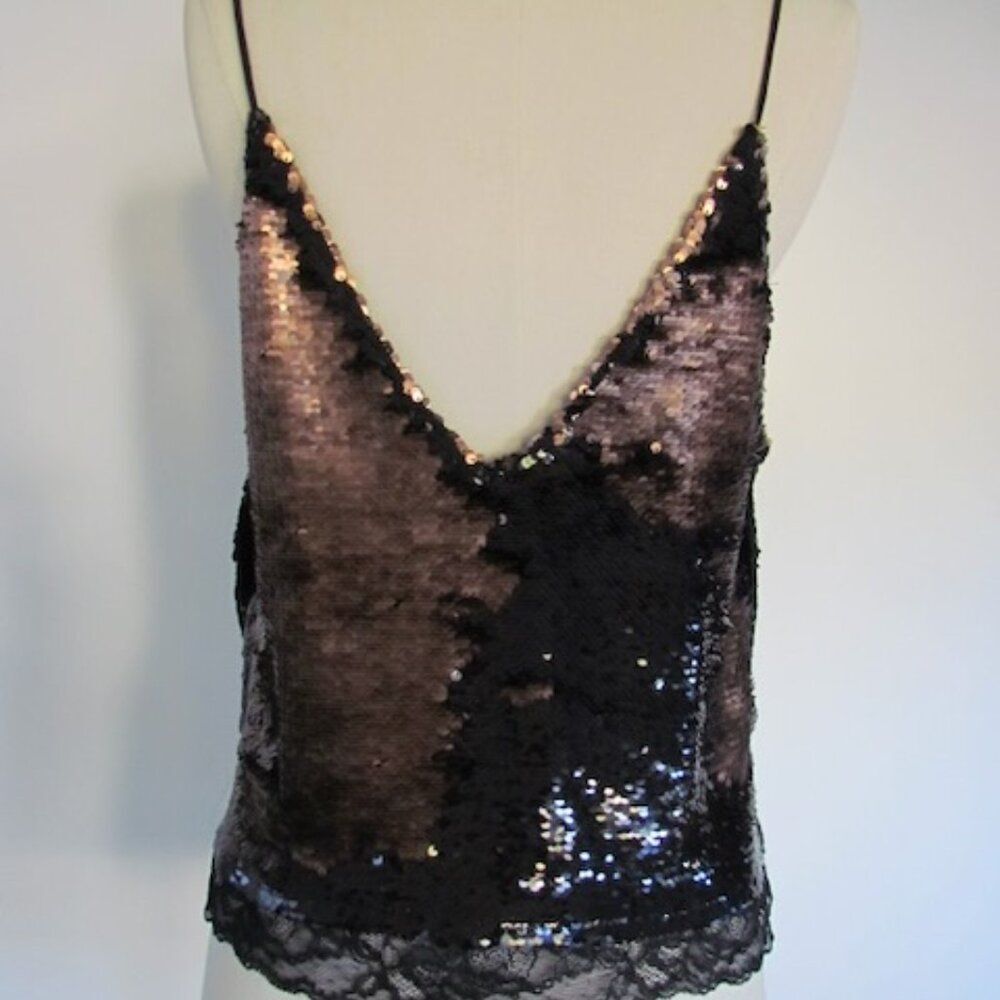 Free People Metallic Sequin Top Lace PS Cami Black Copper Petite Small